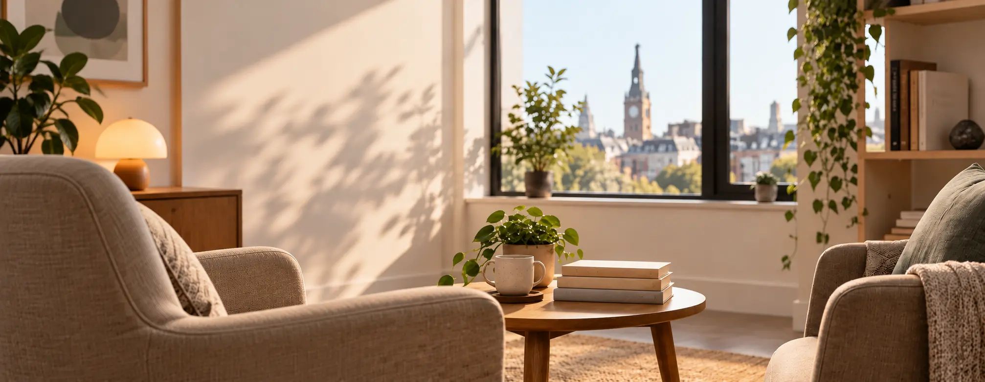 Two upholstered armchairs beside a round table with books and a mug, surrounded by plants in a sunlit room