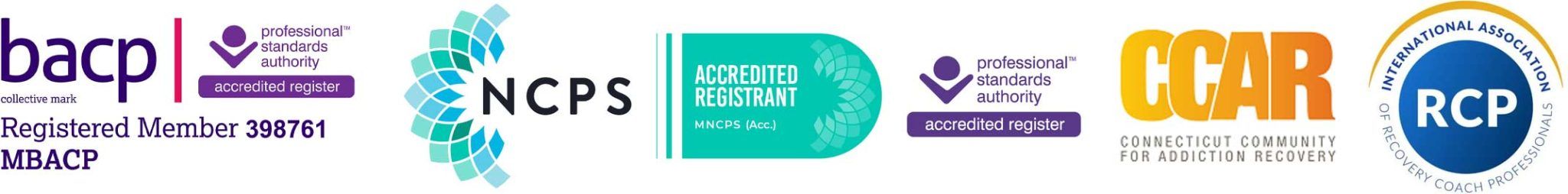 Accreditations: BACP registered member 398761 (MBACP); NCPS accredited registrant (MNCPS Acc.); Professional Standards Authority accredited registers; CCAR (Connecticut Community for Addiction Recovery); International Association of Recovery Coach Professionals
