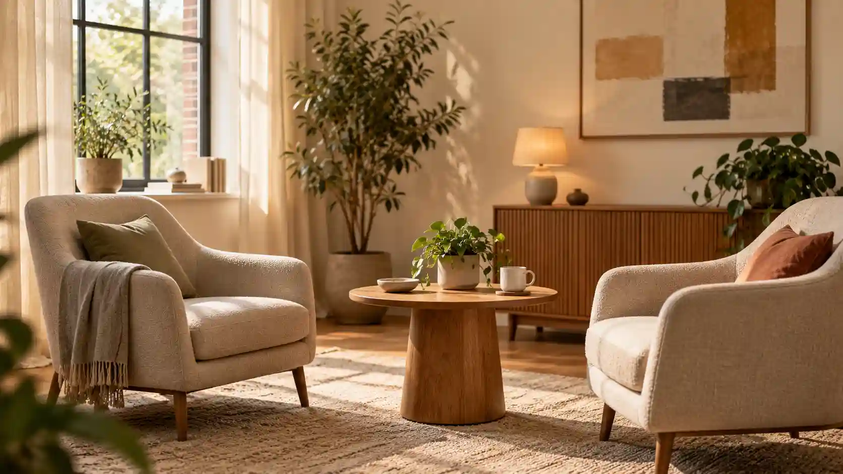 Two cream armchairs facing a round wooden table in a sunlit room with plants